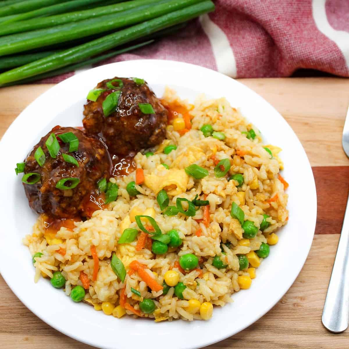 Sweet Chili Meatballs with Veggie Fried Rice