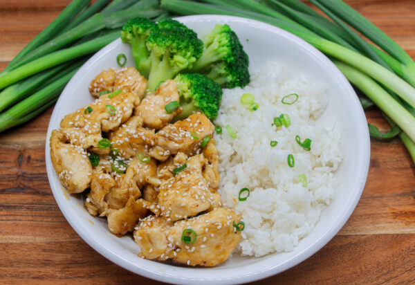 Honey Sesame Chicken with Rice and Broccoli