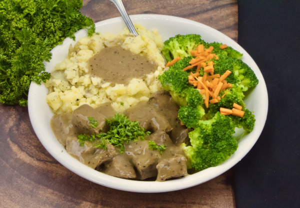 Beef Tips with Mashed Potatoes & Broccoli